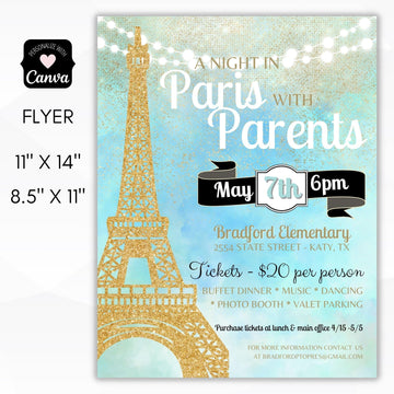 Editable Night in Paris themed dance flyer sign poster template school pto Student council stuco